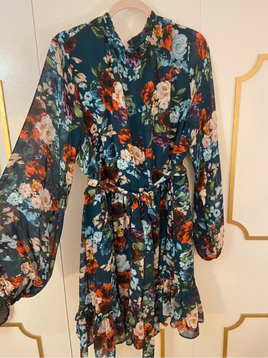 SHEIN Dresses & Skirts - SHEIN Teal Floral Long-Sleeve Ruffled Waist Dress